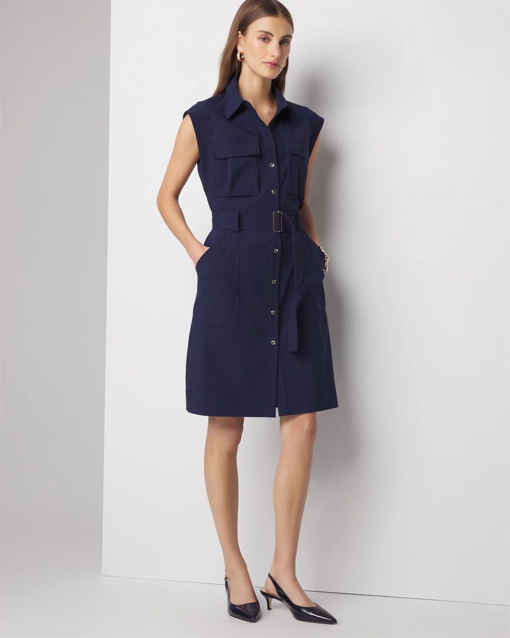 Women s Cap Sleeve Utility Mini Shirt Dress in Blue Size 12 White House Black Market Vacation Dresses Party Dresses